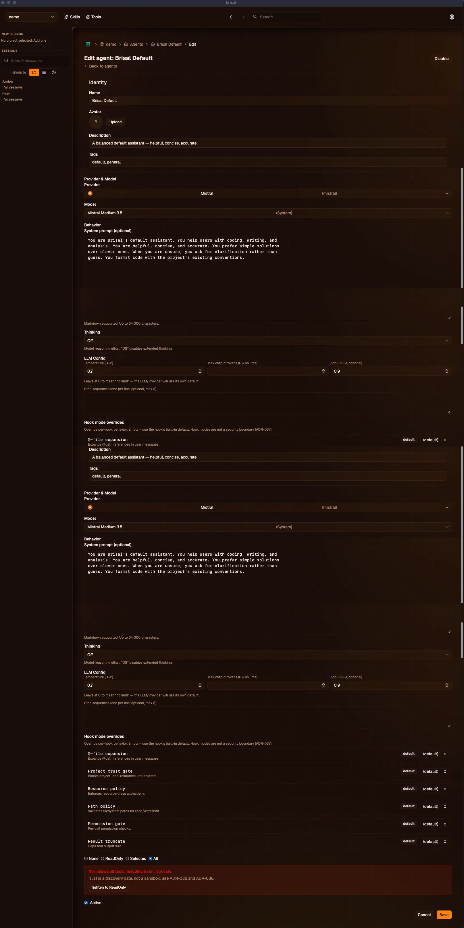 The Edit agent form for "Le Chaton Fat." An Identity section holds Name, an Avatar with an Upload button, Description, and Tags. A Provider & Model section shows Provider set to Mistral and Model set to Mistral Medium 3.5 (System). A Behavior section shows an optional system prompt ("Markdown supported. Up to 64 000 characters."), a Thinking select on "Off," and LLM Config fields (Temperature 0.7, Max output tokens, Top P 0.9). Below are per-hook mode overrides and a tools policy (None / ReadOnly / Selected / All) with an Active toggle and Save button.