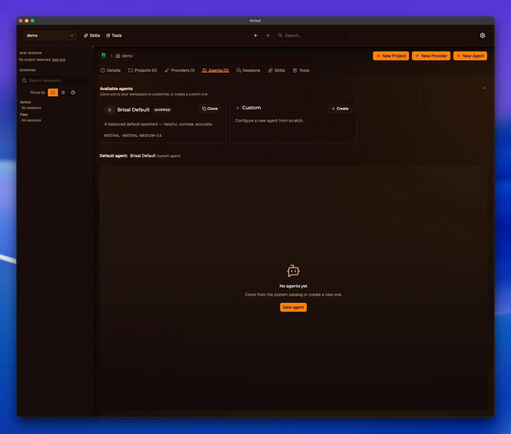 The workspace "demo" on its Agents tab. An "Available agents" section reads "Clone one to your workspace to customize, or create a custom one" and shows a "Le Chaton Fat" card with a SHIPPED badge, the line "MISTRAL · MISTRAL-MEDIUM-3.5," and a Clone button, next to a "Custom" tile with a Create button. A "Default agent: Le Chaton Fat (system agent)" line sits below, and an empty state reads "No agents yet — Clone from the system catalog or create a new one" with a New agent button.
