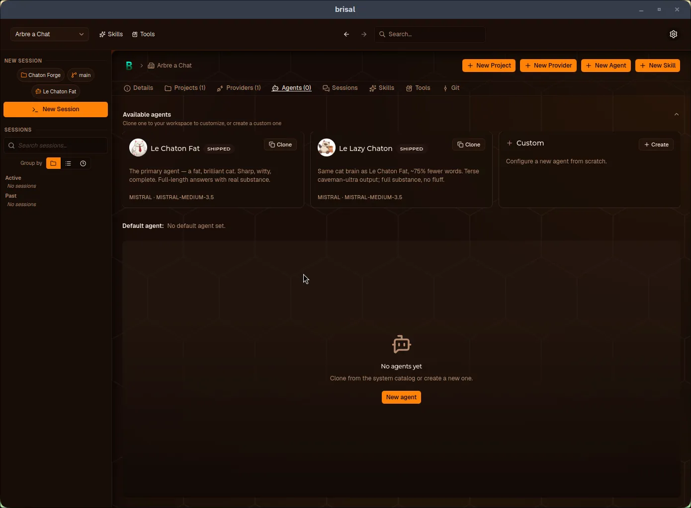 The workspace "demo" on its Agents tab. An "Available agents" section reads "Clone one to your workspace to customize, or create a custom one" and shows a "Le Chaton Fat" card with a TEMPLATE badge, the line "MISTRAL-TEMPLATE · MISTRAL-MEDIUM-3.5-TEMPLATE," and a Clone button, next to a "Custom" tile with a Create button. A "Default agent: Le Chaton Fat (system agent)" line sits below, and an empty state reads "No agents yet — Clone from the system catalog or create a new one" with a New agent button.