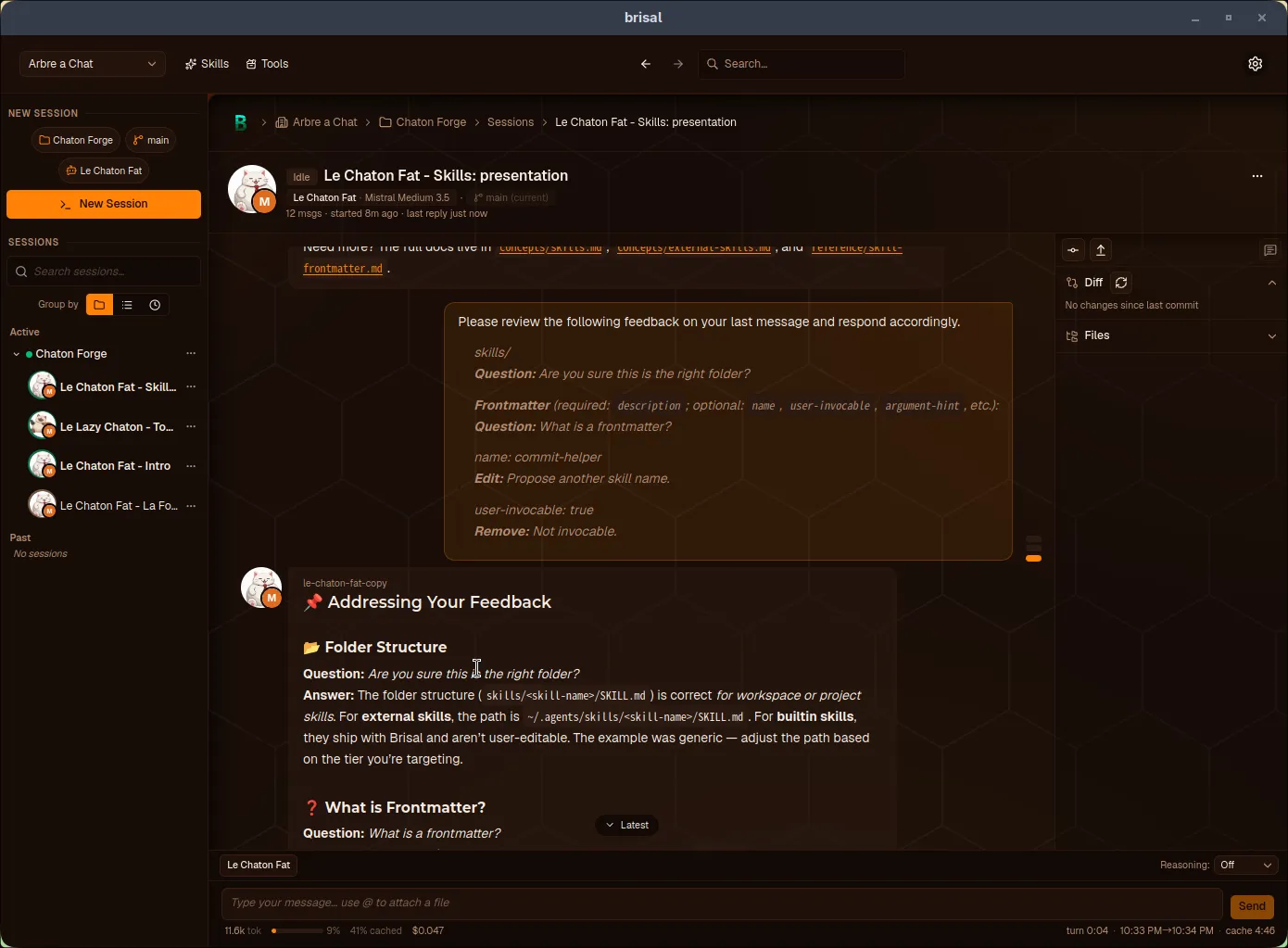 Session transcript after sending. The assembled review appears as a user message with preamble, then each quoted line with its tag and comment. Below it, the agent replied.