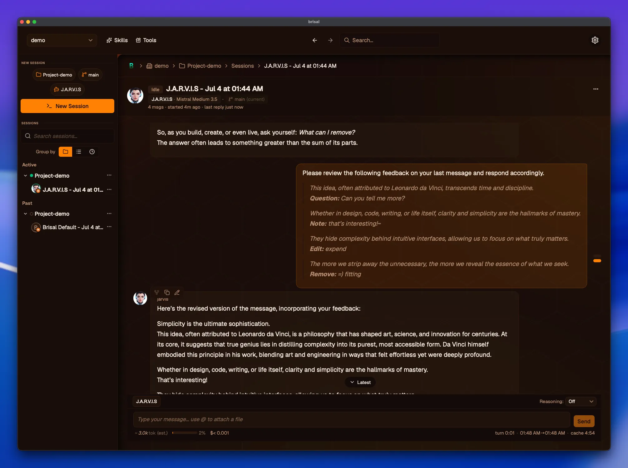 The same session transcript after the review was sent. The assembled review appears as a normal user message — the preamble "Please review the following feedback on your last message and respond accordingly," followed by each quoted line with its tag and comment: Question ("Can you tell me more?"), Note ("that's interesting!~"), Edit ("expend"), and Remove ("=) fitting"). Below it, the agent has replied with a revised version of the message.