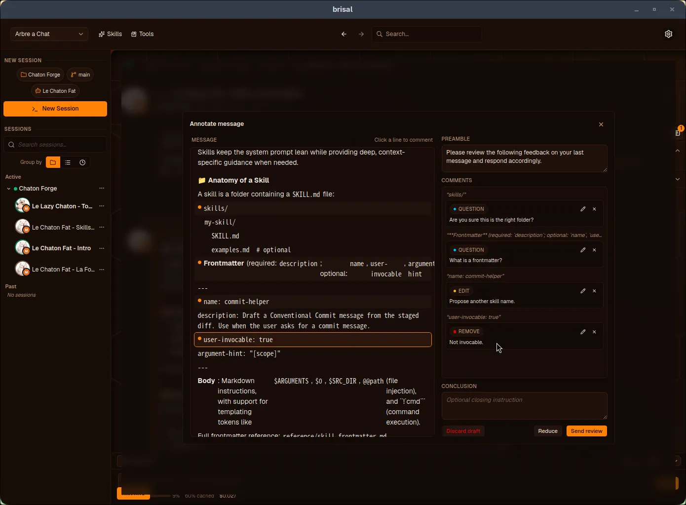The "Annotate message" overlay. Left: agent message shown line by line with "Click a line to comment" hint and orange dots marking commented lines. Right: Preamble field, Comments list with lines tagged Question, Note, Edit, and Remove, empty Conclusion field. Bottom: Discard draft, Reduce, Send review buttons.