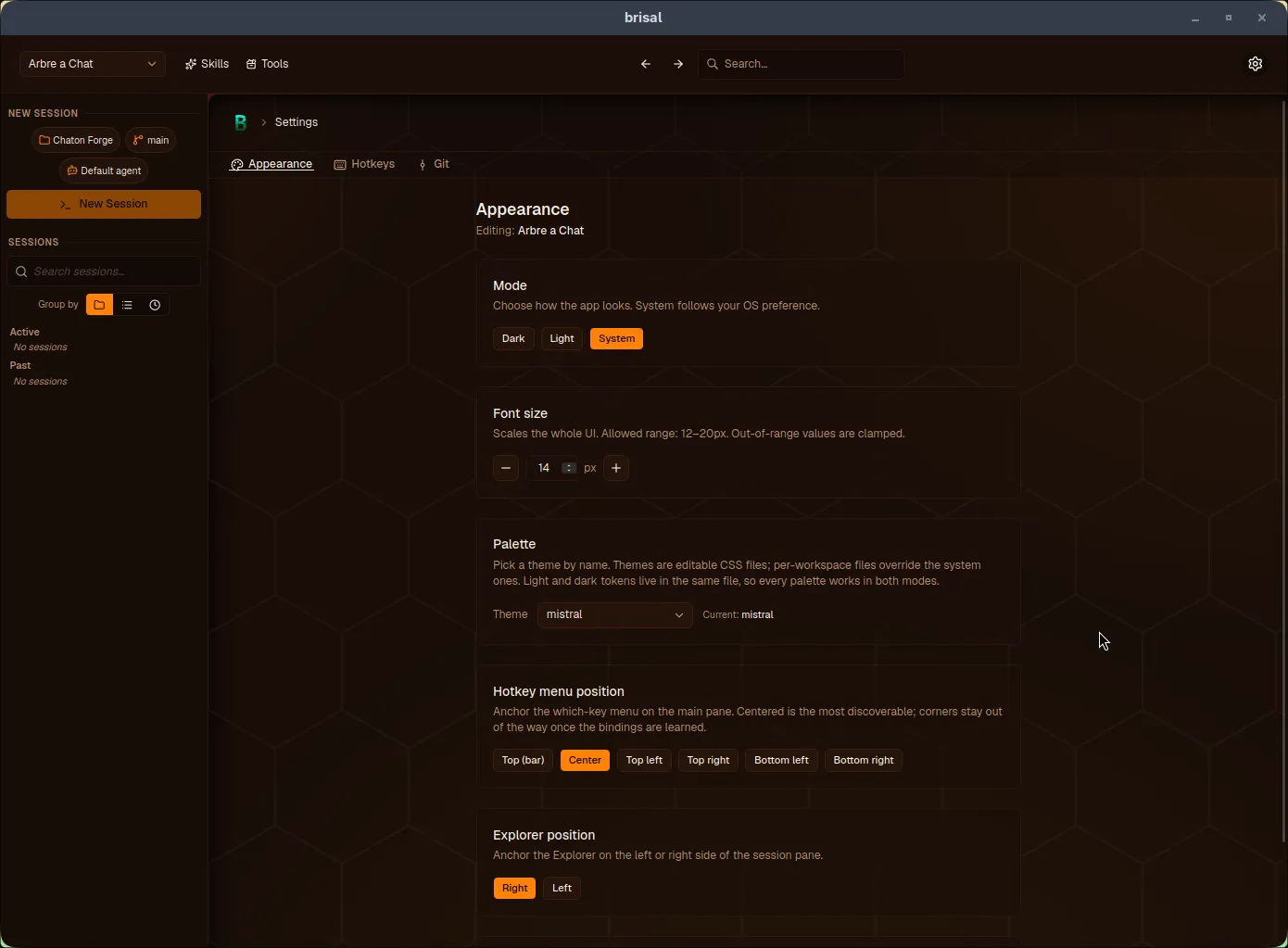 The Appearance settings screen. Two tabs sit below the "Settings" breadcrumb — "Appearance" (active) and "Hotkeys" — with the heading "Appearance" and a muted "Editing: demo" line naming the workspace. Below are stacked sections: "Mode" with Dark / Light / System buttons (System highlighted); "Font size" with a minus/number/plus stepper showing 18px; "Palette" with a "Theme" dropdown set to "default" and a "Current: default" note; and "Hotkey menu position" with Top (bar) / Center / Top left / Top right / Bottom left / Bottom right buttons (Top bar highlighted).