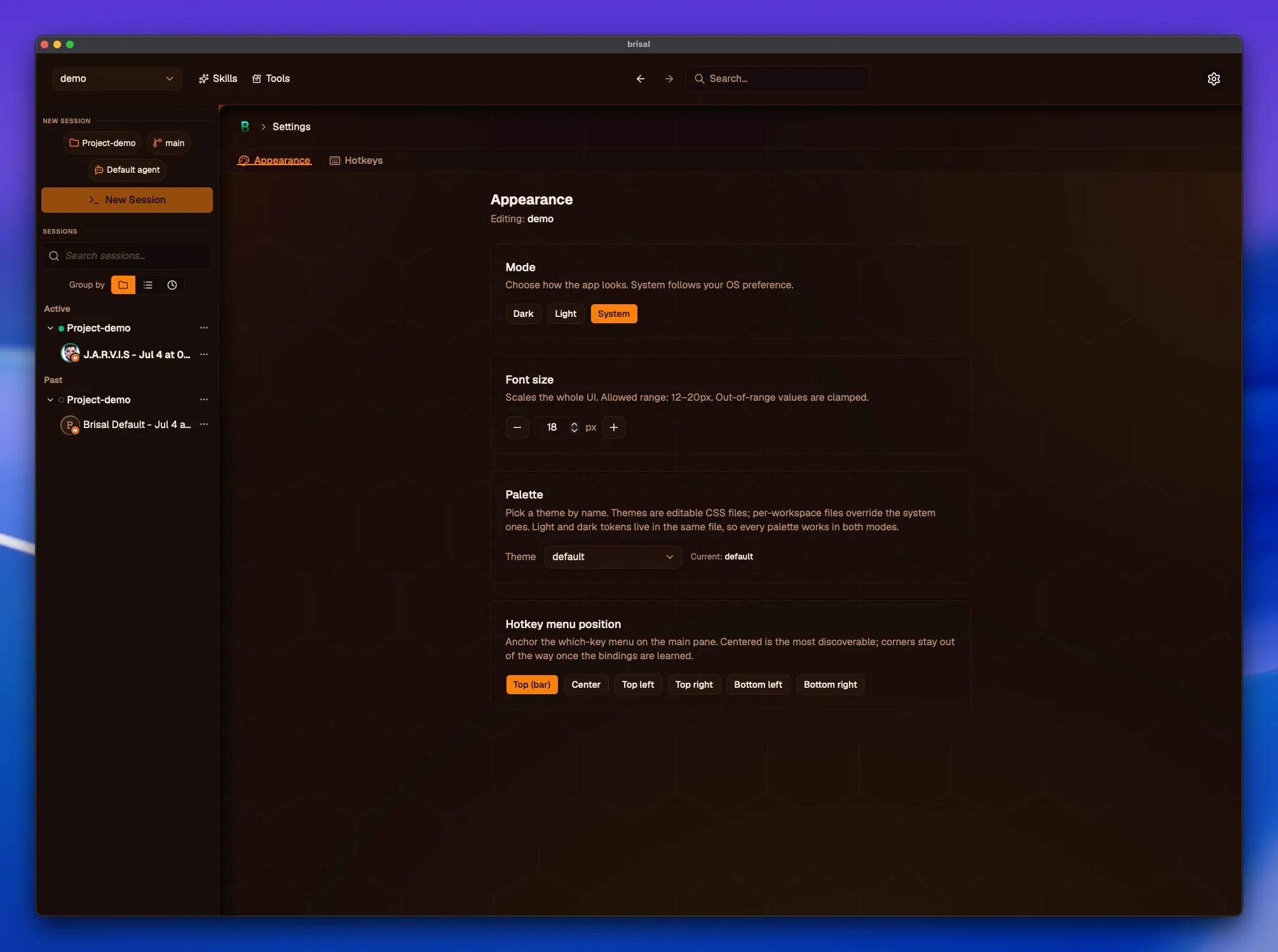 The Appearance settings screen. Two tabs sit below the "Settings" breadcrumb — "Appearance" (active) and "Hotkeys" — with the heading "Appearance" and a muted "Editing: demo" line naming the workspace. Below are stacked sections: "Mode" with Dark / Light / System buttons (System highlighted); "Font size" with a minus/number/plus stepper showing 18px; "Palette" with a "Theme" dropdown set to "default" and a "Current: default" note; and "Hotkey menu position" with Top (bar) / Center / Top left / Top right / Bottom left / Bottom right buttons (Top bar highlighted).