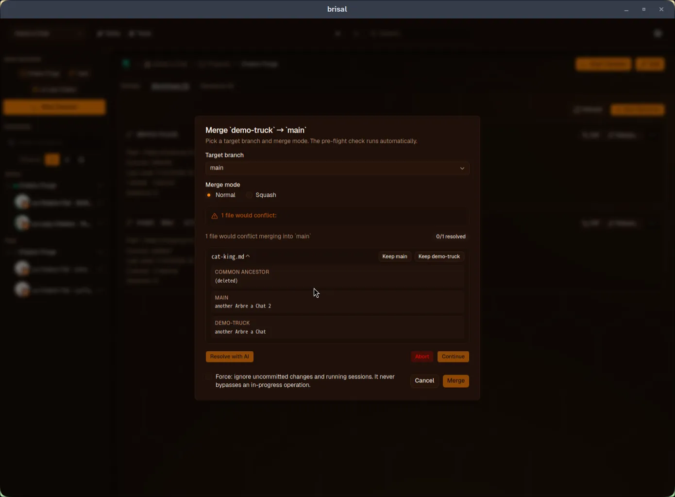 Merge dialog with conflicts: amber banner "1 file would conflict:". Below target/mode controls, "1 file would conflict merging into main" with "0/1 resolved" counter, then a row for "test.md" with "Keep main" and "Keep demo-trunk" buttons. Resolve with AI button and Force checkbox below.