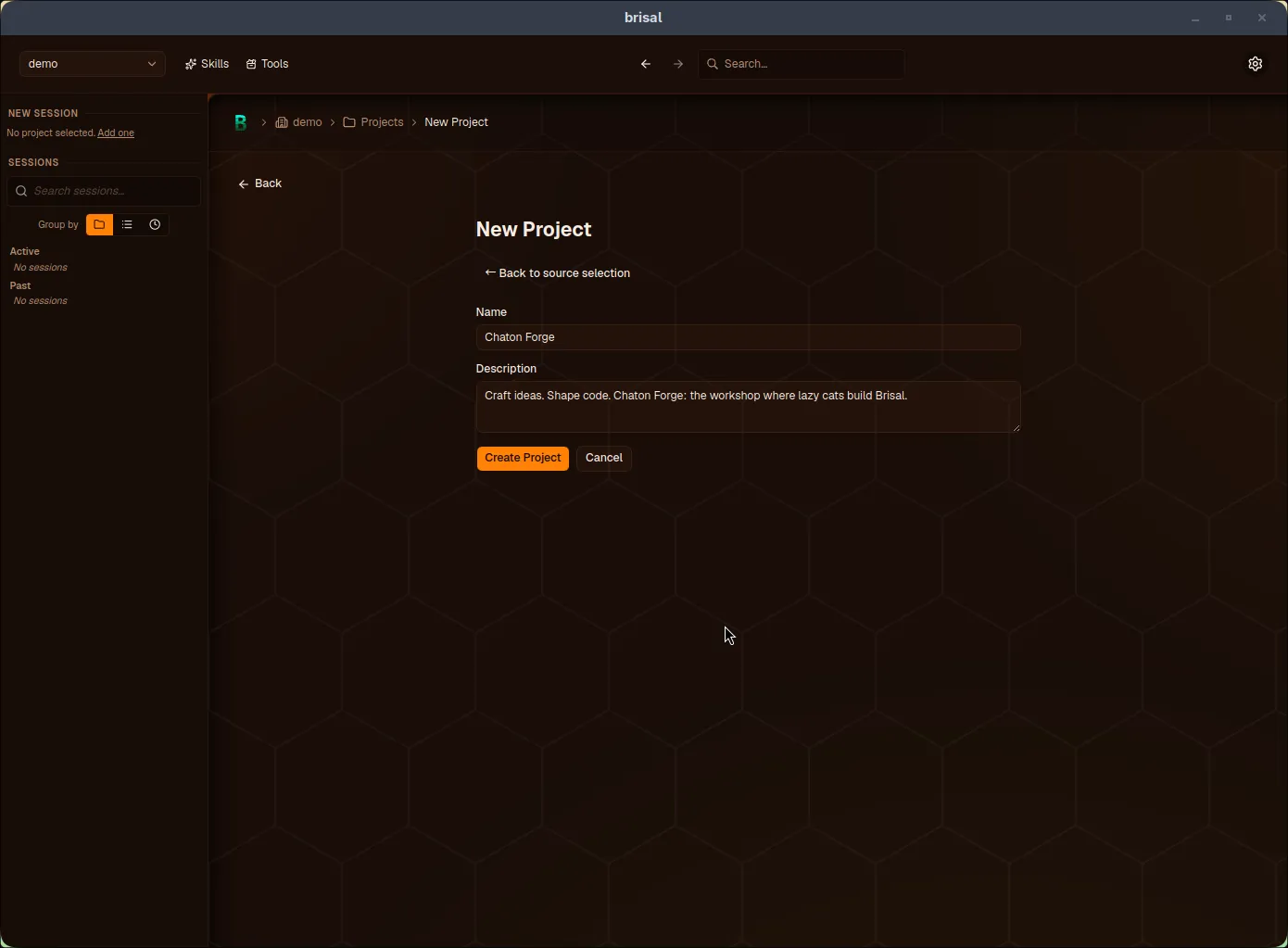 The New Project form with a Name field set to "demo-project" and a Description field reading "A simple demo project, from scratch", above Create Project and Cancel buttons.