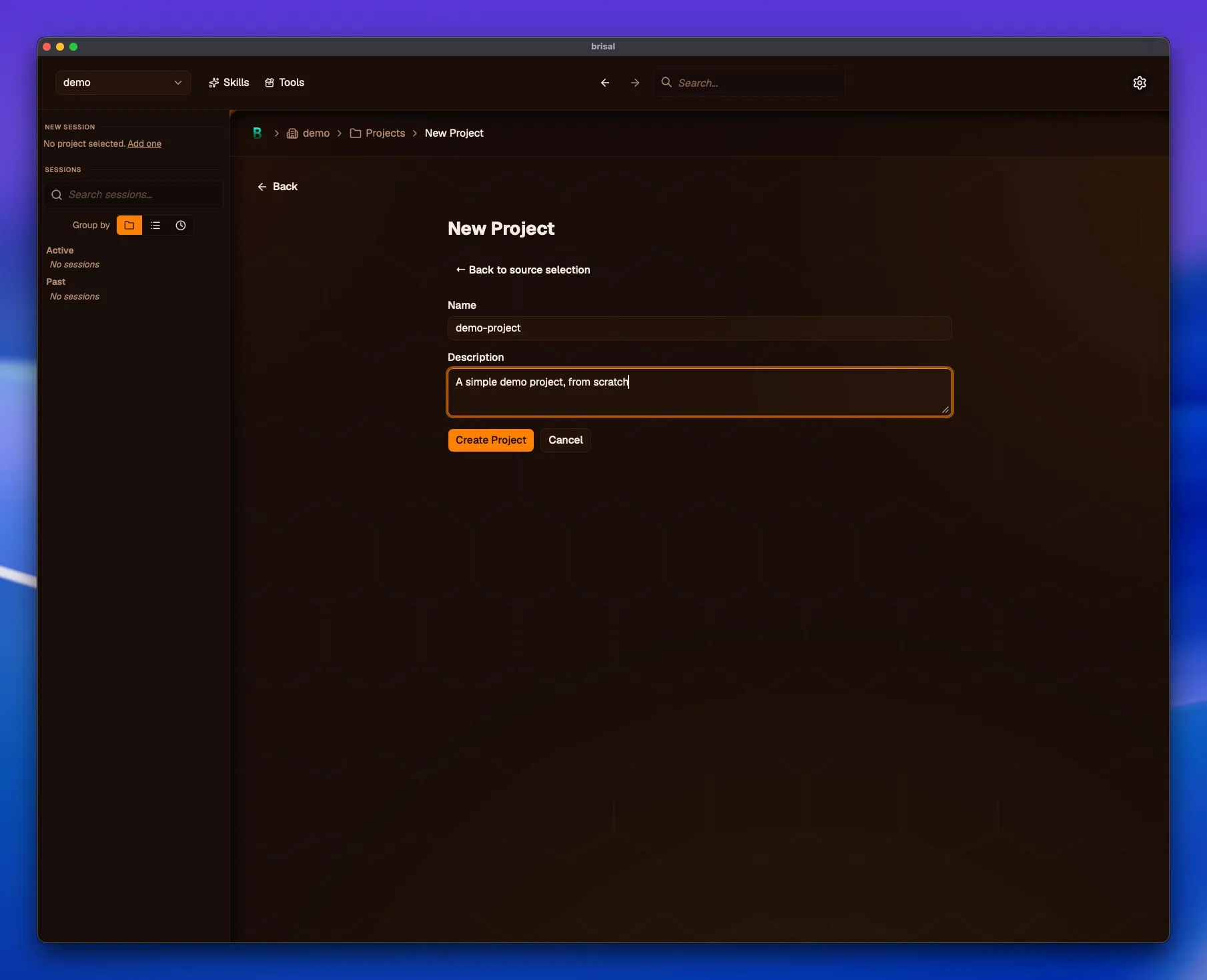 The New Project form with a Name field set to "demo-project" and a Description field reading "A simple demo project, from scratch", above Create Project and Cancel buttons.