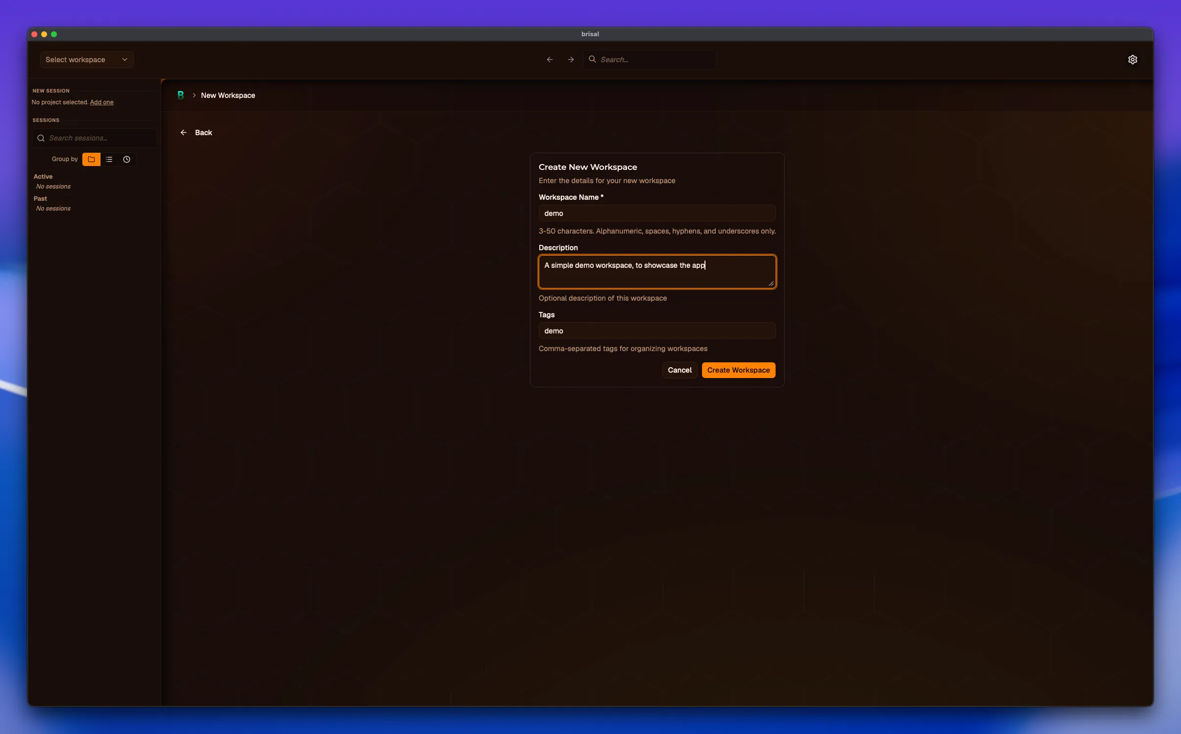 The "Create New Workspace" form with fields for name, description, and tags.