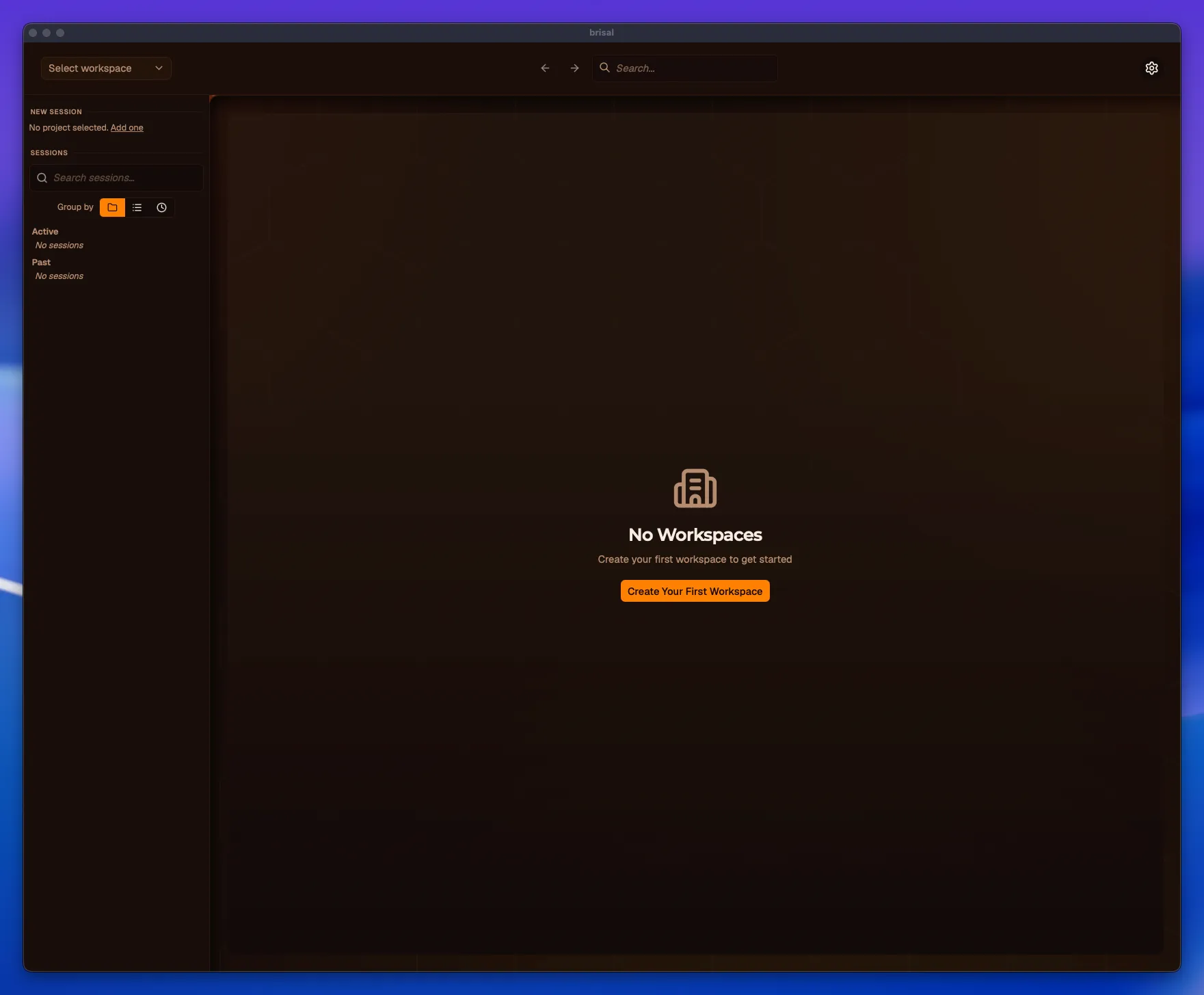 A fresh install: the pane shows a "No Workspaces" empty state with a "Create Your First Workspace" button in the center.