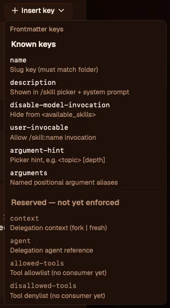 The "Insert key" dropdown from the skill editor. Under "Known keys": name (Slug key, must match folder), description (Shown in /skill picker + system prompt), disable-model-invocation (Hide from <available_skills>), user-invocable (Allow /skill:name invocation), argument-hint (Picker hint, e.g. <topic> [depth]), arguments (Named positional argument aliases). Under "Reserved — not yet enforced": context (Delegation context, fork | fresh), agent (Delegation agent reference), allowed-tools (Tool allowlist, no consumer yet), disallowed-tools (Tool denylist, no consumer yet).