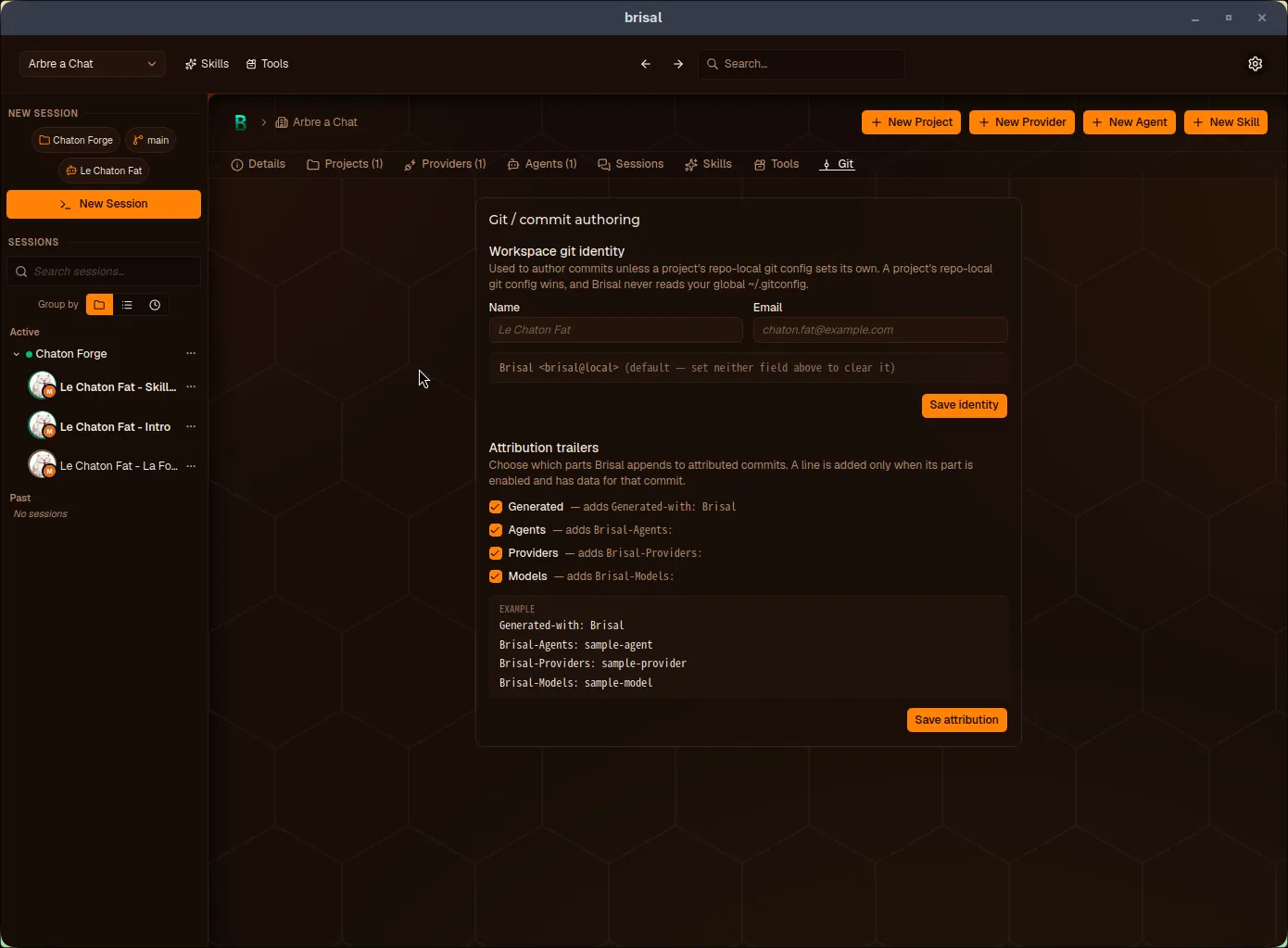 The "Git / commit authoring" screen under Settings › Git, editing the "demo" workspace. A "Workspace git identity" section has empty Name and Email fields showing placeholder text, and a preview line reading "Brisal brisal@local (default — set neither field above to clear it)" above a Save identity button. Below, an "Attribution trailers" section has four checked toggles — Generated, Agents, Providers, Models — each naming the trailer it adds, followed by an example block listing Generated-with, Brisal-Agents, Brisal-Providers, and Brisal-Models lines, and a Save attribution button.