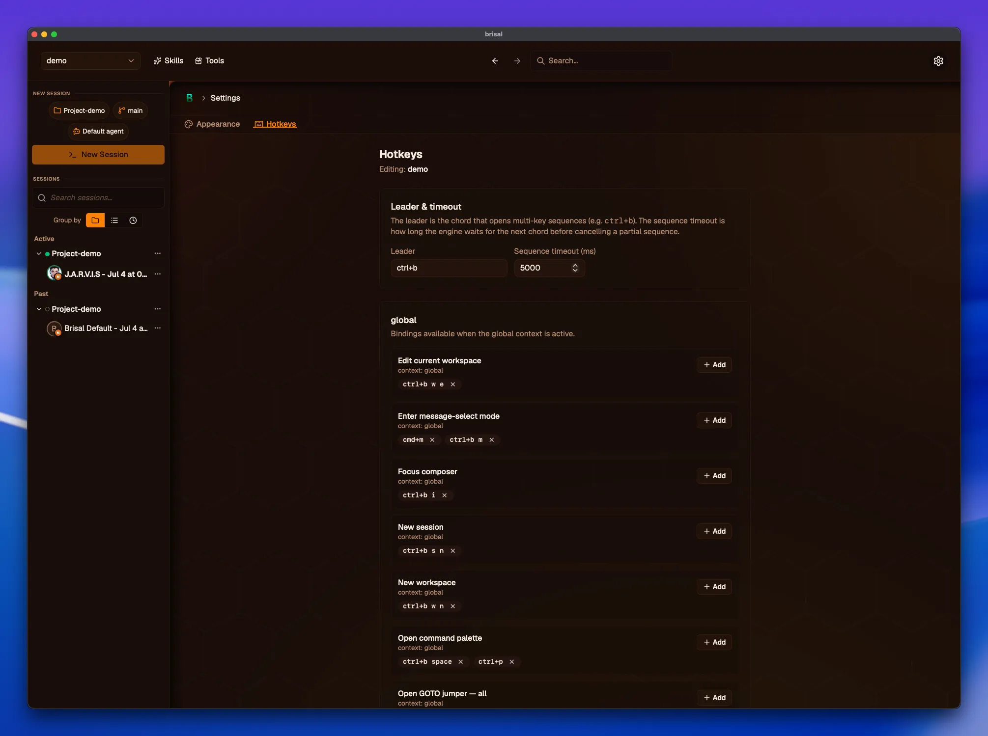 The Hotkeys settings tab. A heading "Hotkeys" with "Editing: demo" beneath it. A "Leader & timeout" section holds a Leader field ("ctrl+b") and a "Sequence timeout (ms)" field ("5000"). Below, a "global" group ("Bindings available when the global context is active") lists action rows, each with its current bindings as removable badges and an "+ Add" button: "Edit current workspace — ctrl+b w e", "Enter message-select mode — cmd+m, ctrl+b m", "Focus composer — ctrl+b i", "New session — ctrl+b s n", "New workspace — ctrl+b w n", and "Open command palette — ctrl+b space, ctrl+p".