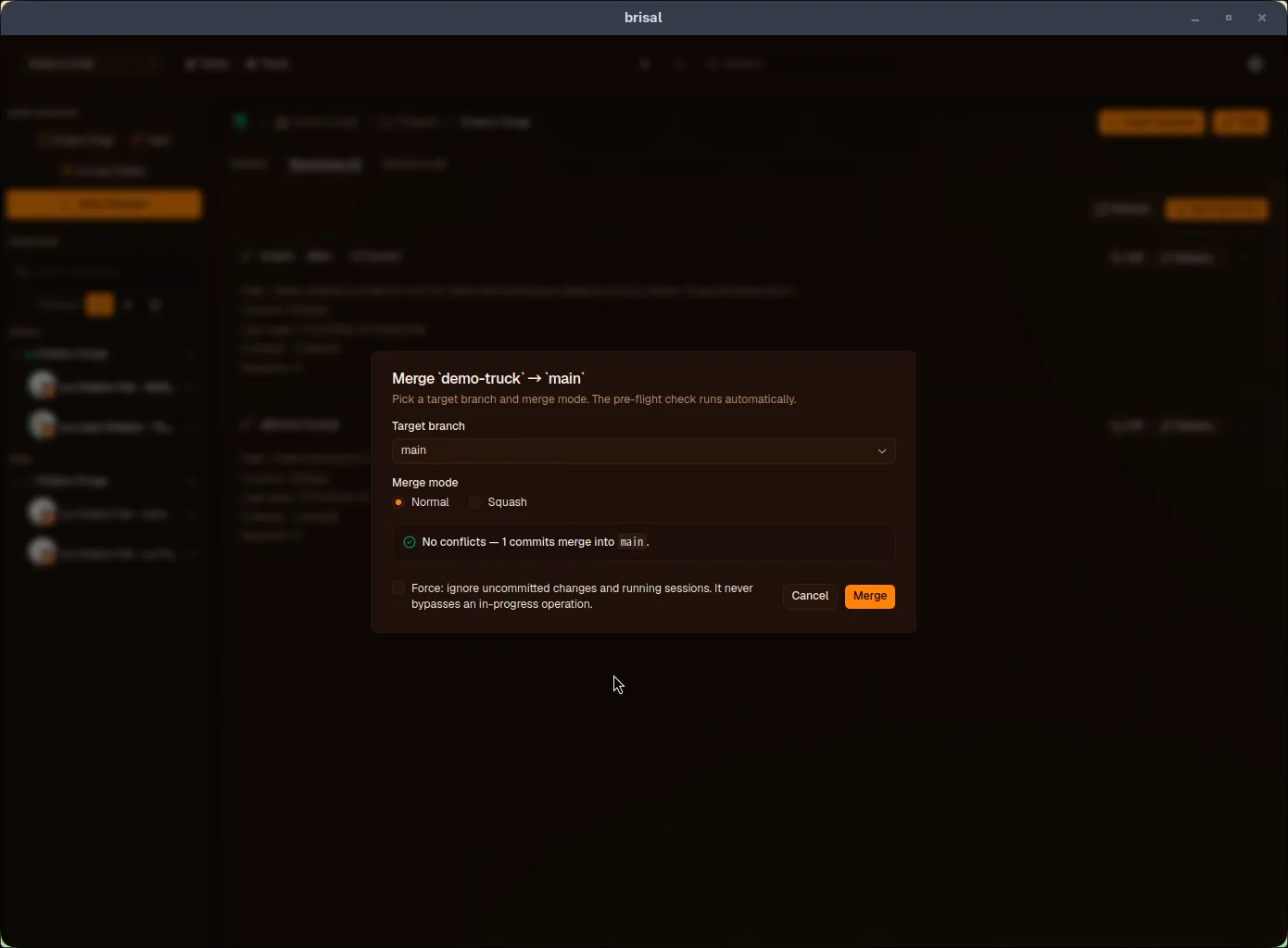 Merge dialog: "Merge demo-trunk → main" with target branch dropdown set to "main", Merge mode radio (Normal selected), and green pre-flight banner: "No conflicts — 1 commits merge into main." Force checkbox and Cancel/Merge buttons at bottom.