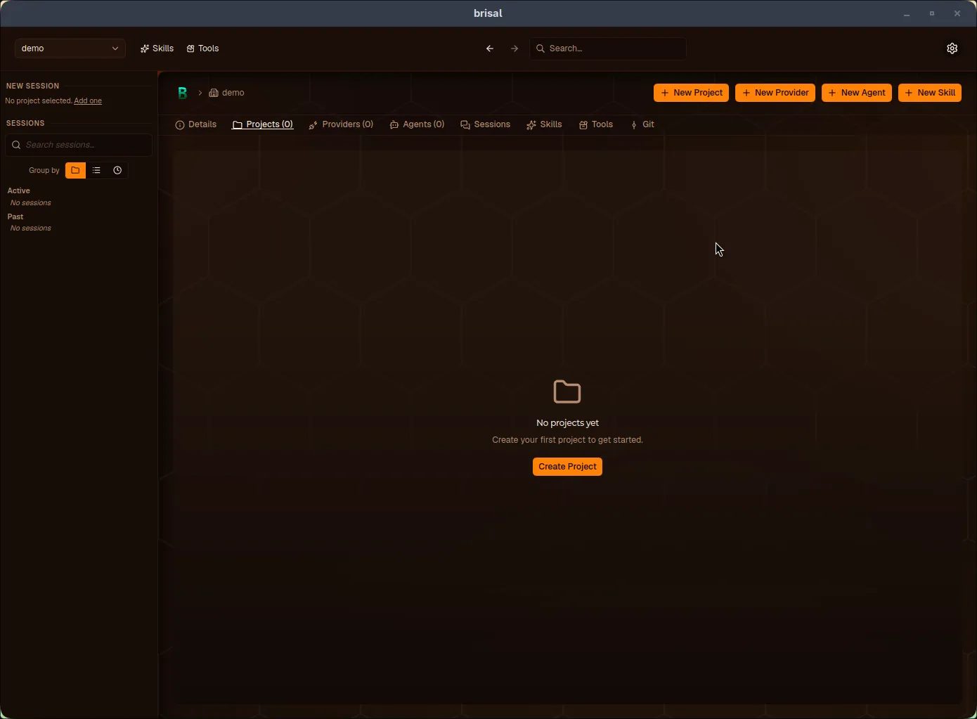 An empty Projects tab reading "No projects yet — Create your first project to get started", with a Create Project button in the center and a + New Project button in the top-right.