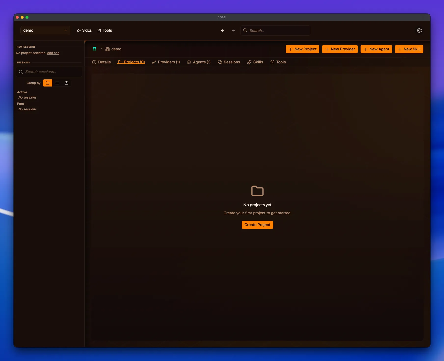 An empty Projects tab reading "No projects yet — Create your first project to get started", with a Create Project button in the center and a + New Project button in the top-right.
