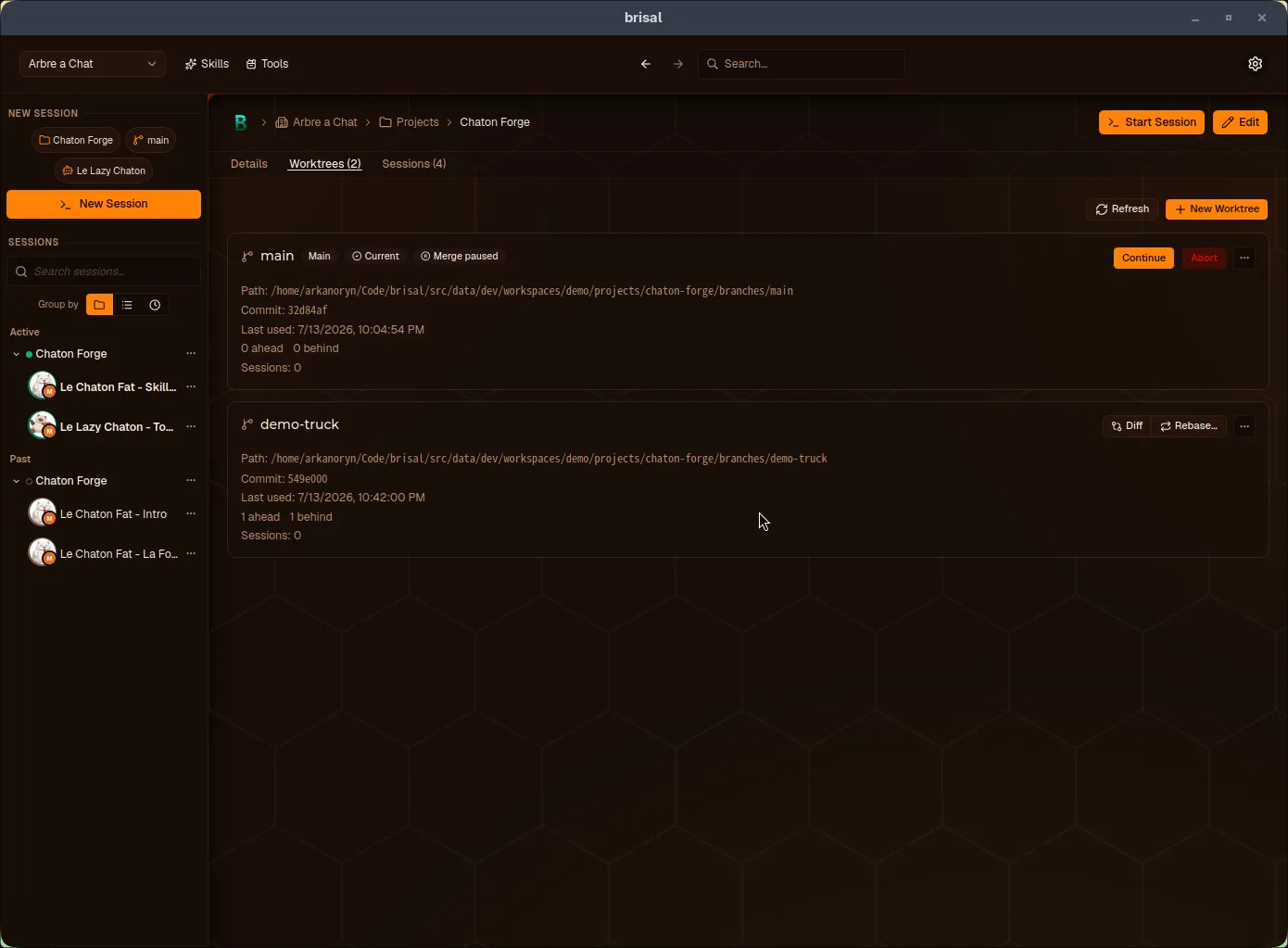 Worktrees tab with main card paused: alongside Main and Current badges, it carries a "Merge paused" badge; right-hand actions are Continue button and red Abort button. Other worktree cards remain unaffected.
