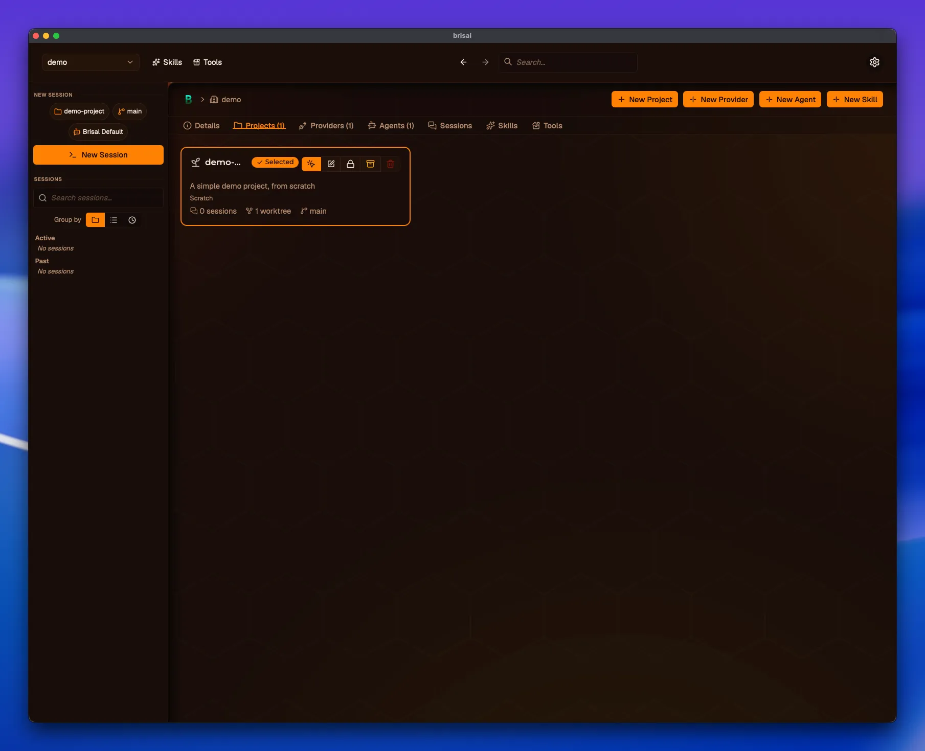A project card on a workspace's Projects tab: the project name beside a Selected badge, a row of action icons (select, edit, lock, archive, delete), the description, a Scratch source label, and counts of 0 sessions and 1 worktree.
