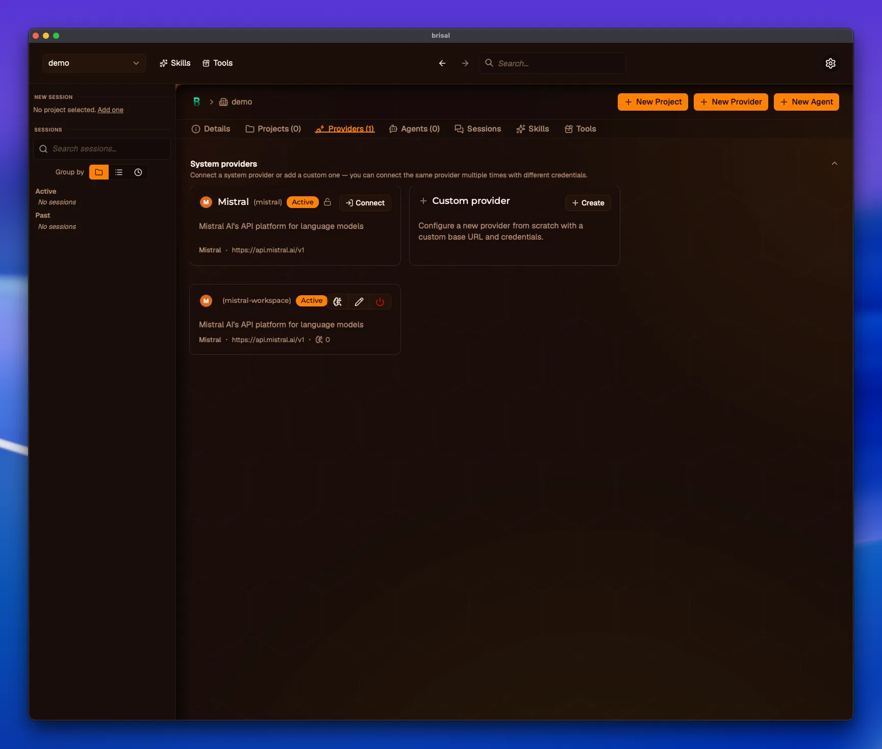 The Providers tab after connecting Mistral. The System providers panel still sits on top; below it, a workspace provider card labeled "(mistral-workspace)" shows an Active badge and three icon buttons — Models, Edit, and Disable — with a footer reading "Mistral · https://api.mistral.ai/v1 · 0 models."