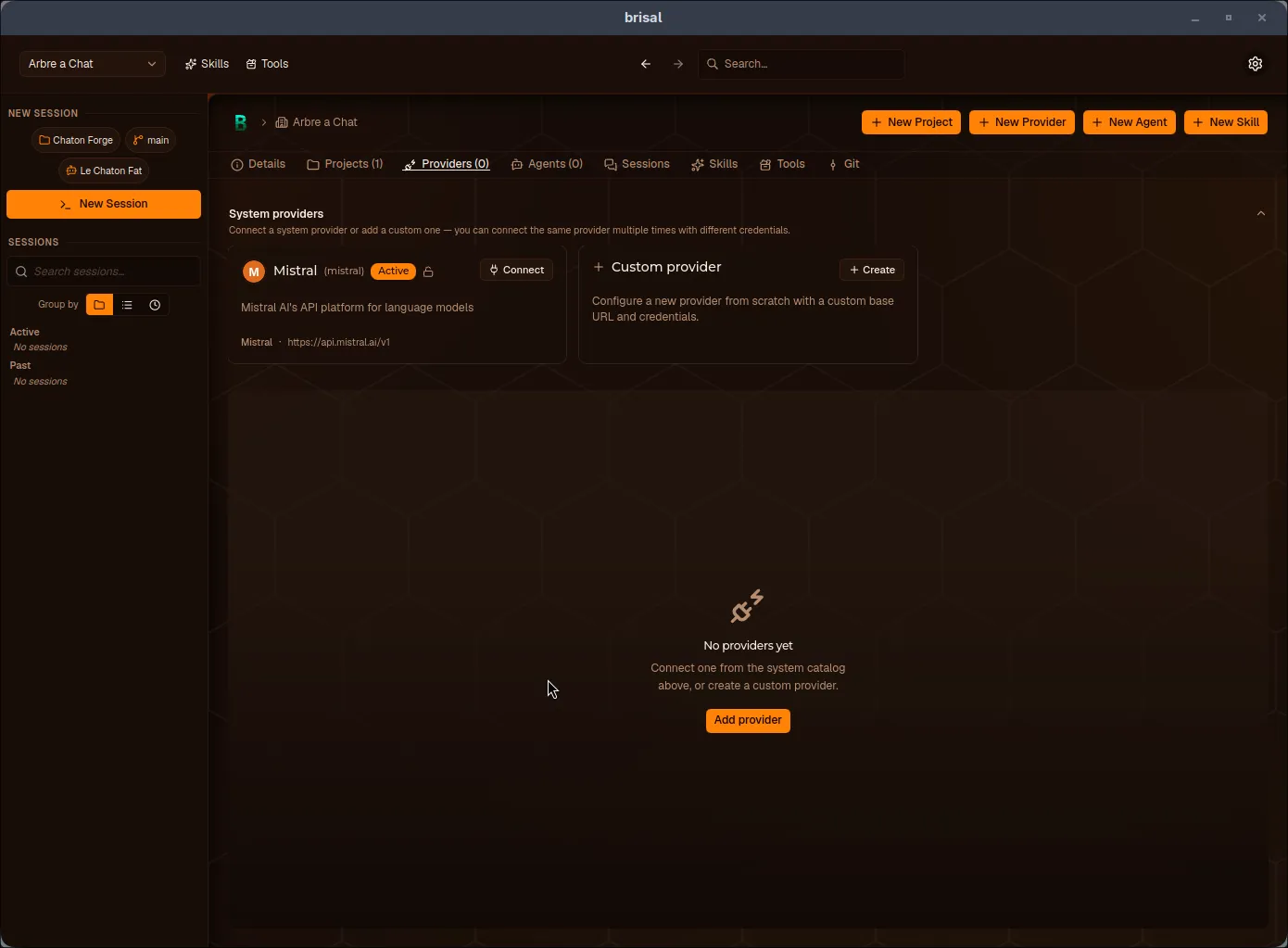The workspace "demo" open on its Providers tab. A collapsible "System providers" panel spans the top, holding a Mistral card (marked Active, with a lock icon and a Connect button, endpoint https://api.mistral.ai/v1) beside a "Custom provider" tile with a Create button. Below, an empty state reads "No providers yet — Connect one from the system catalog above, or create a custom provider," with an Add provider button.