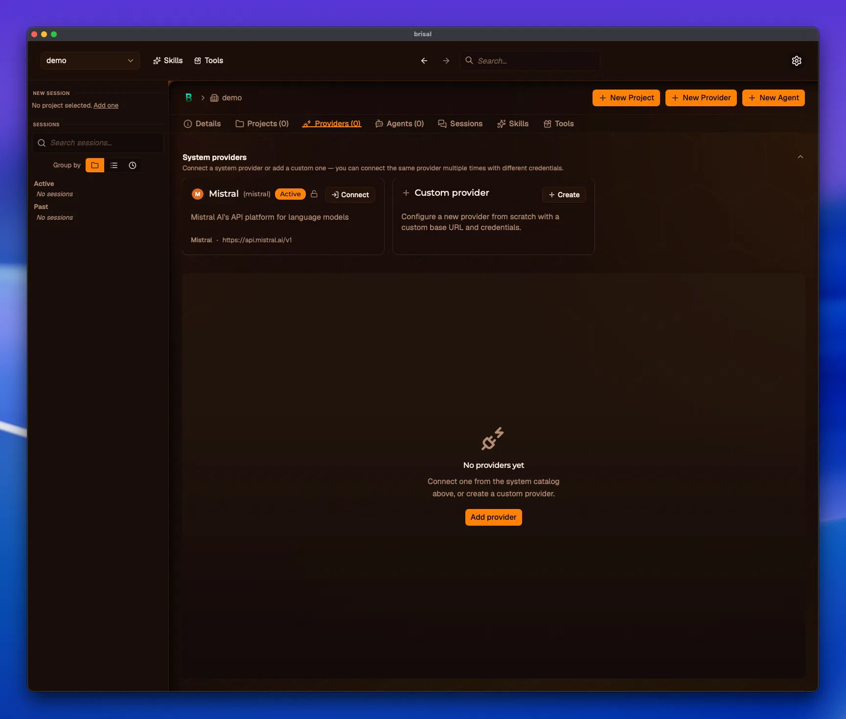 The workspace "demo" open on its Providers tab. A collapsible "System providers" panel spans the top, holding a Mistral card (marked Active, with a lock icon and a Connect button, endpoint https://api.mistral.ai/v1) beside a "Custom provider" tile with a Create button. Below, an empty state reads "No providers yet — Connect one from the system catalog above, or create a custom provider," with an Add provider button.