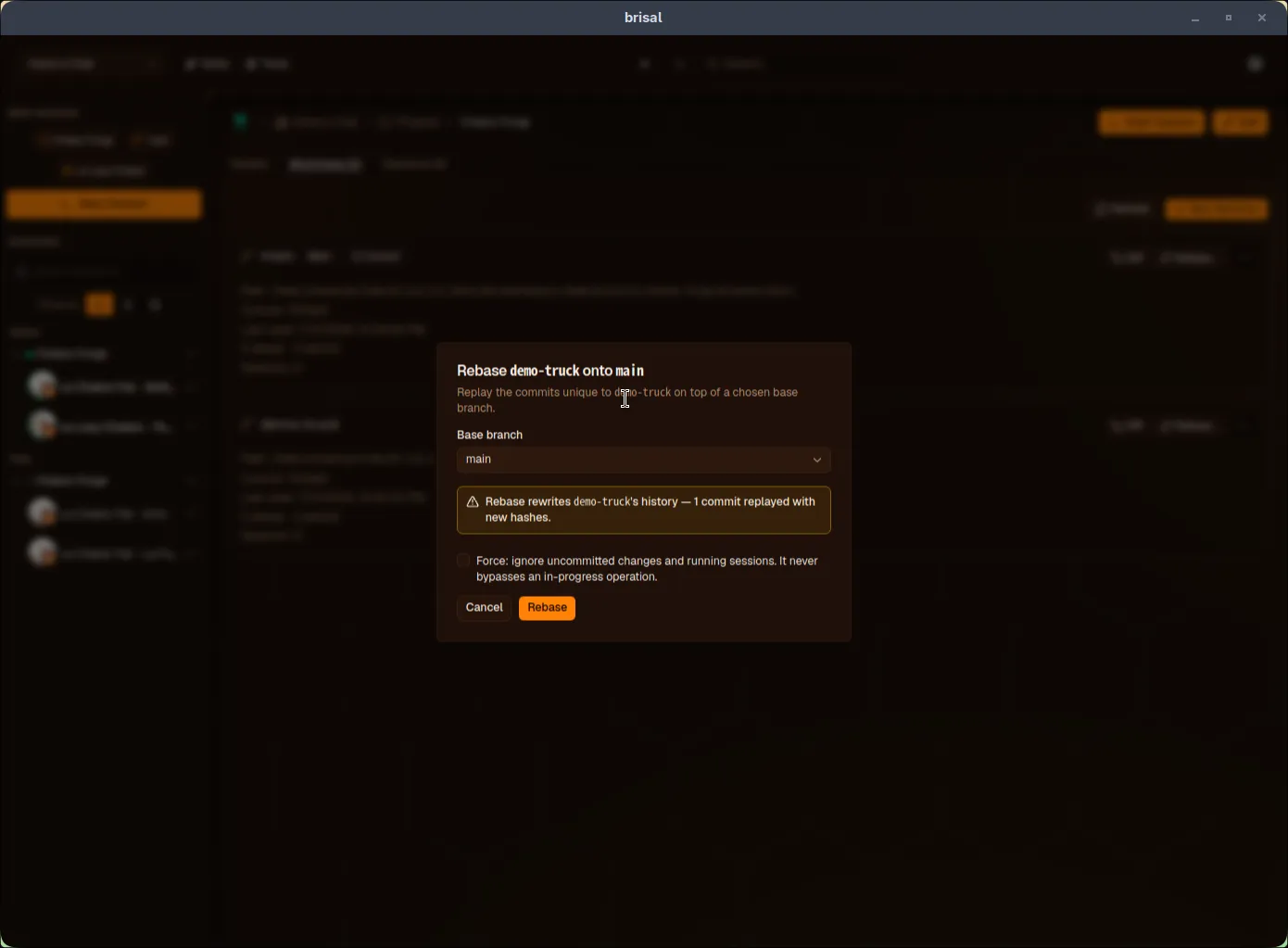 Rebase dialog: "Rebase demo-trunk onto main" with base branch dropdown set to "main" and amber warning: "Rebase rewrites demo-trunk's history — 1 commit replayed with new hashes." Force checkbox and Cancel/Rebase buttons at bottom.