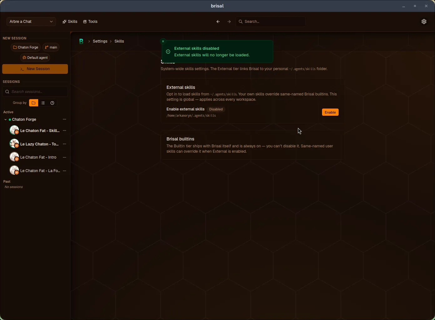 The Settings › Skills page. Intro: "System-wide skills settings. The External tier links Brisal to your personal ~/.agents/skills folder." An "External skills" card: "Opt in to load skills from ~/.agents/skills. Your own skills override same-named Brisal builtins. This setting is global — applies across every workspace." with "Enable external skills — Disabled", the path /Users/anynines/.agents/skills, and an Enable button. A "Brisal builtins" card: "The Builtin tier ships with Brisal itself and is always on — you can't disable it. Same-named user skills can override it when External is enabled."