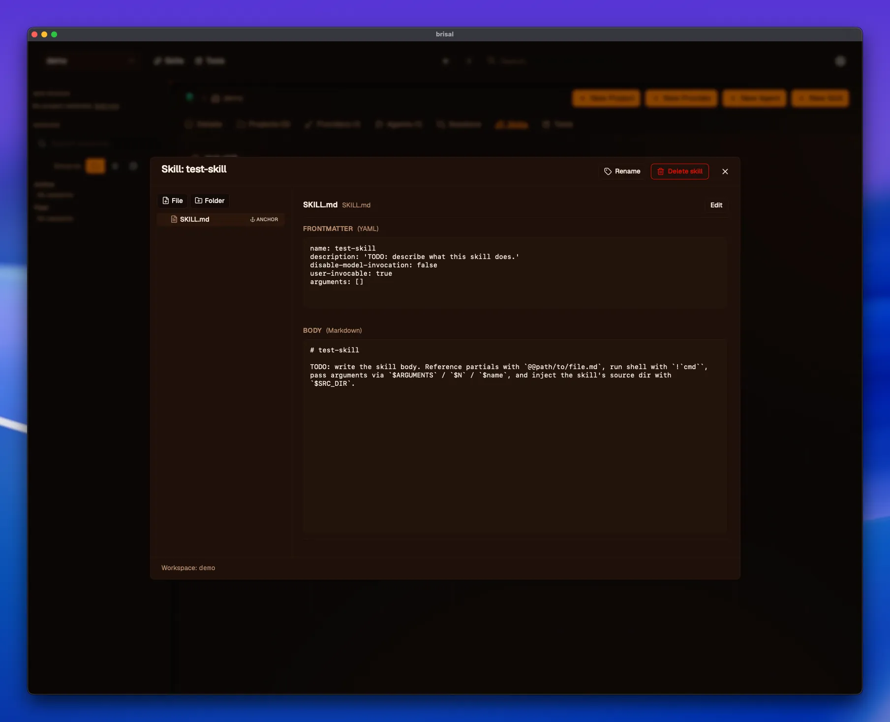 The same skill in read-only view mode: the Frontmatter (YAML) and Body (Markdown) panes rendered as static blocks, with an "Edit" button top-right and Rename / Delete skill in the header.