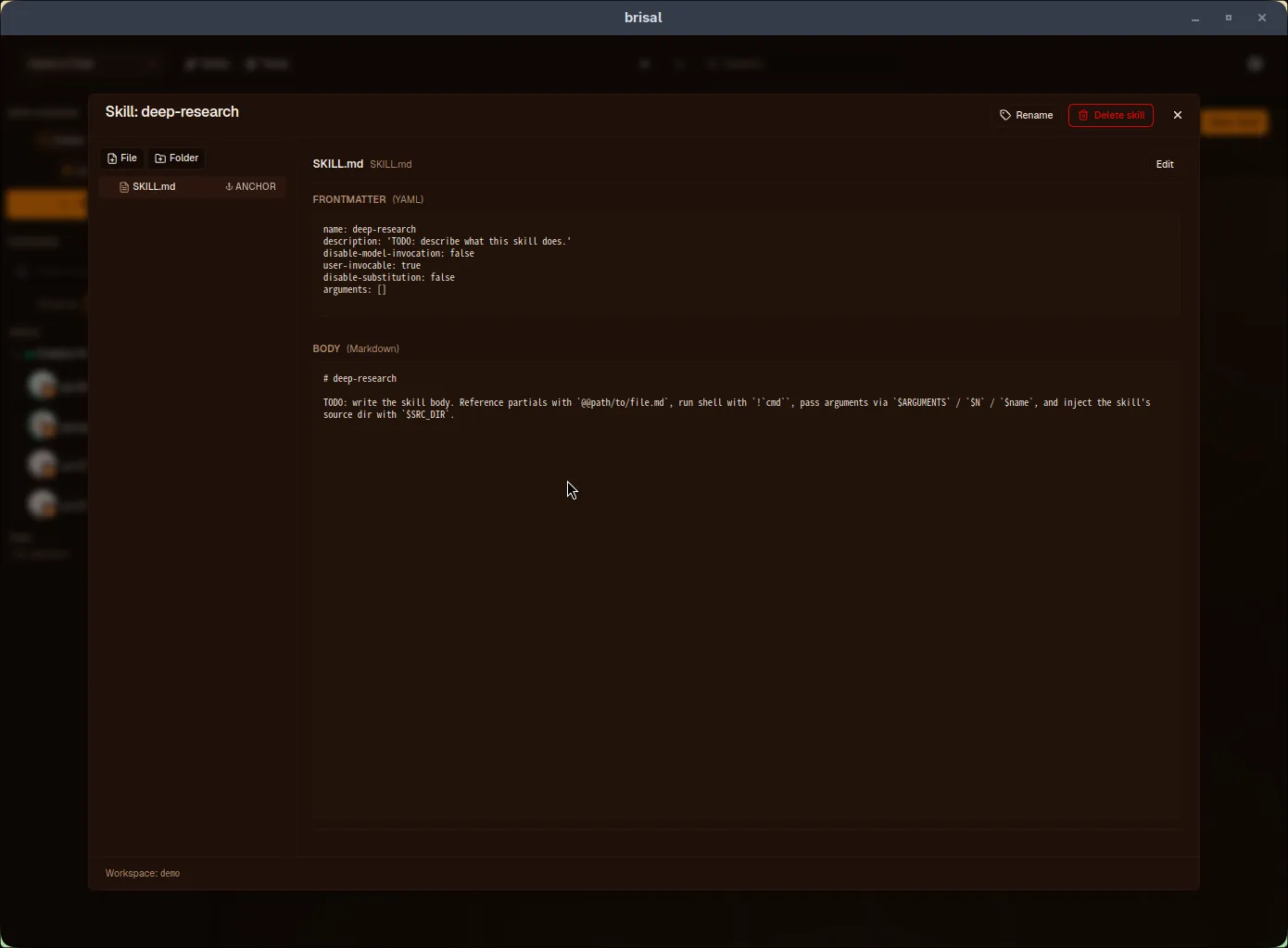 Skill in read-only view: Frontmatter (YAML) and Body (Markdown) as static blocks, with Edit button top-right and Rename/Delete skill in header.