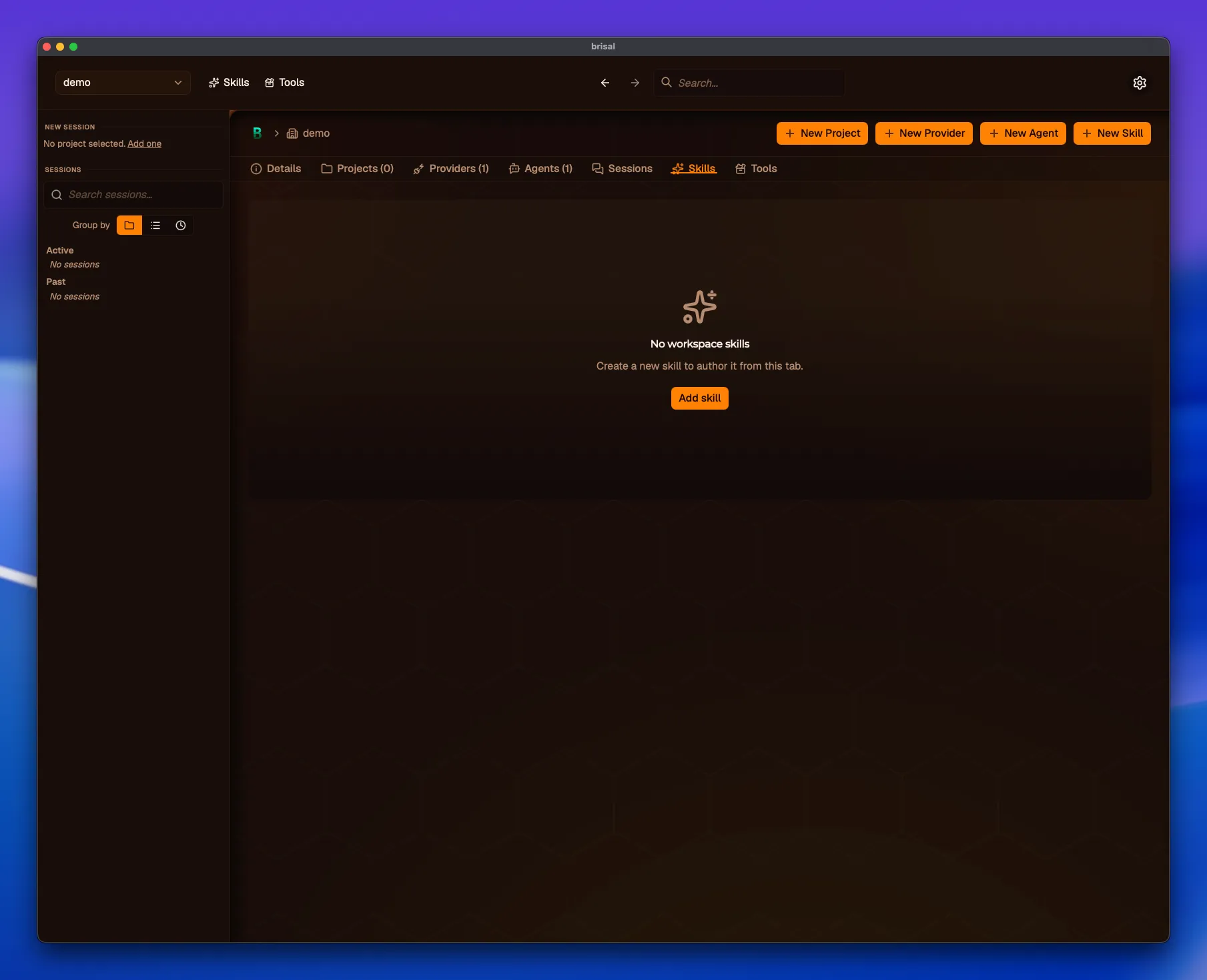The workspace Skills tab with an empty state: a skill icon, the heading "No workspace skills", the line "Create a new skill to author it from this tab", and an "Add skill" button. The tab sits alongside Details, Projects, Providers, Agents, Sessions, and Tools.