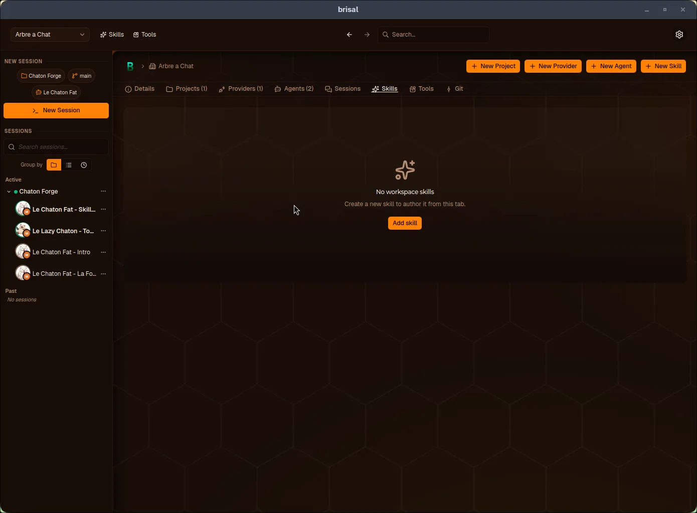 Workspace Skills tab empty state: skill icon, 'No workspace skills' heading, creation prompt, and 'Add skill' button, shown with other workspace tabs.