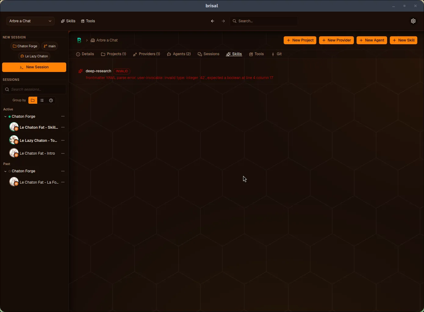Workspace Skills tab showing two skills with red INVALID badges and YAML parse error messages.
