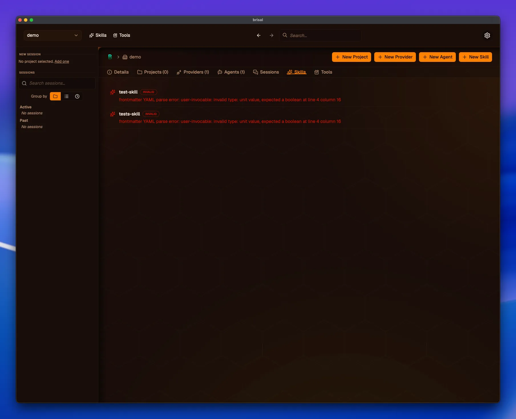 The workspace Skills tab showing two skills, "test-skill" and "tests-skill", each with a red INVALID badge and the error "frontmatter YAML parse error: user-invocable: invalid type: unit value, expected a boolean at line 4 column 16".