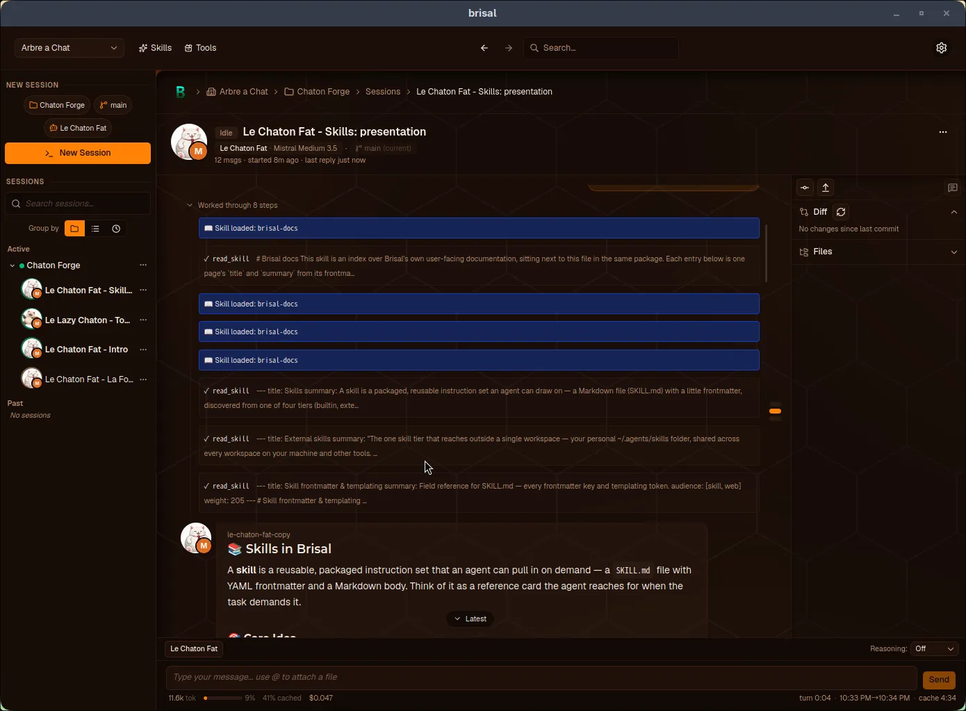 A Brisal session titled "J.A.R.V.I.S". At the top right, the user's message reads "Hi there! How are you doing? Do you have access to tools? Which ones?". The agent replies below with a collapsible "Reasoning" row and a bulleted list of its tools (read_skill, read, write, edit, bash). Beneath the reply are two right-aligned shell runs: "$ ls" (exit 0) and "$ echo "Bonjour le Fat Chat"" carrying a "Not sent to AI" badge (exit 0). The composer sits at the bottom with a Reasoning: Off selector and a token meter reading "~1.4k tok (est.) · 1% · $<0.001 · turn 0:04 · cache 4:18".