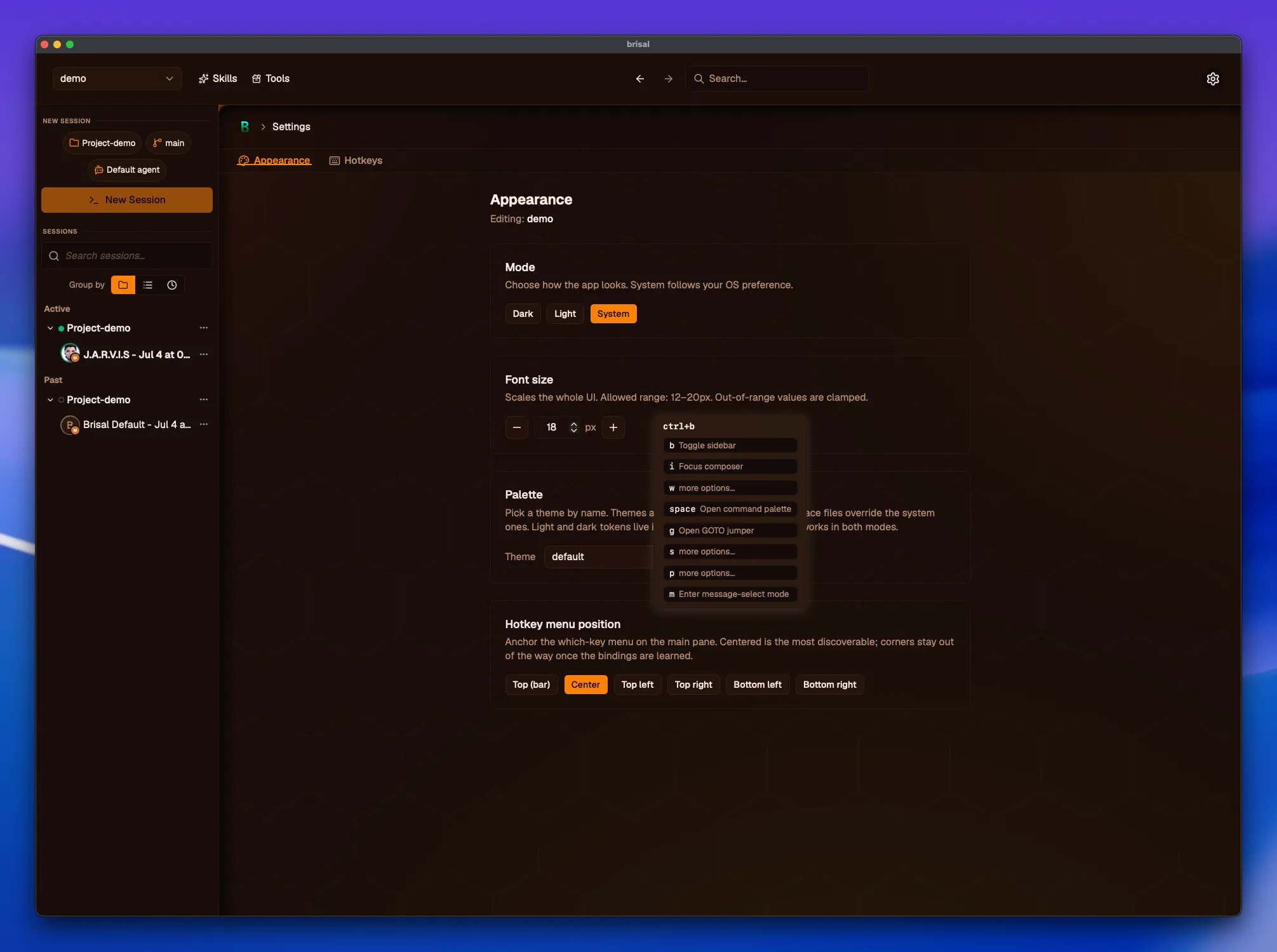 The which-key menu, a floating card that appears after pressing the leader. Its header reads "ctrl+b"; below it, each next key is listed with what it does: "b Toggle sidebar", "i Focus composer", "w more options…", "space Open command palette", "g Open GOTO jumper", "s more options…", "p more options…", and "m Enter message-select mode". Keys that only continue a longer sequence show "more options…".