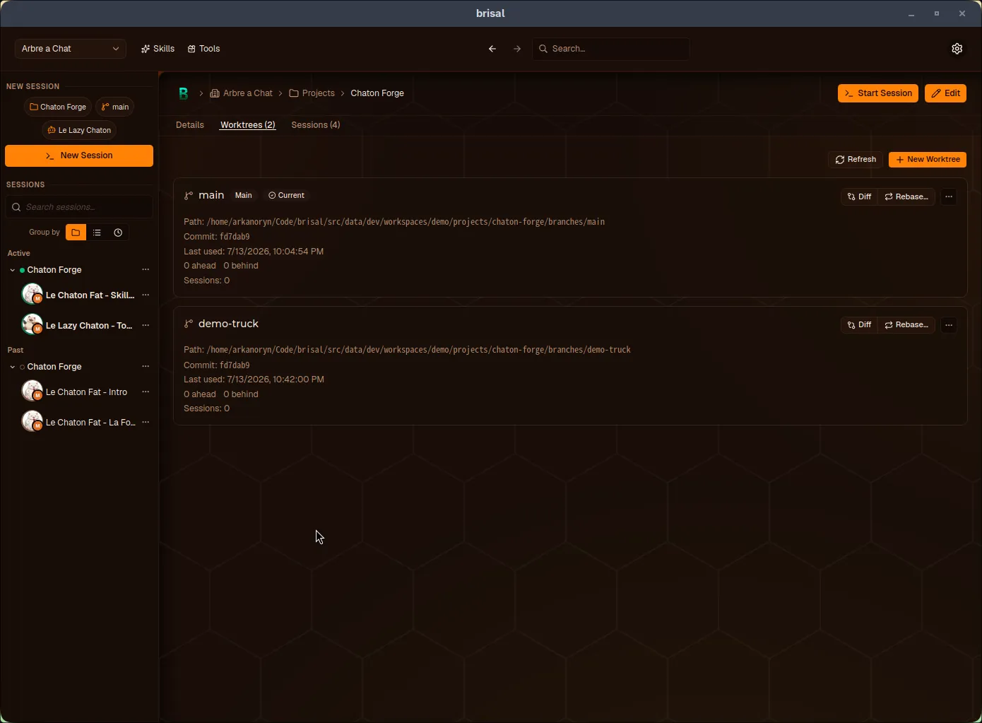 The Worktrees tab of the brisal-process project showing 3 cards: "demo-trunk", "main" (with Main and Current badges), and "test". Each displays path under branches/, commit hash, last-used timestamp, ahead/behind count, session count, Diff and Rebase buttons, and a ⋯ menu. Refresh and New Worktree buttons sit above.